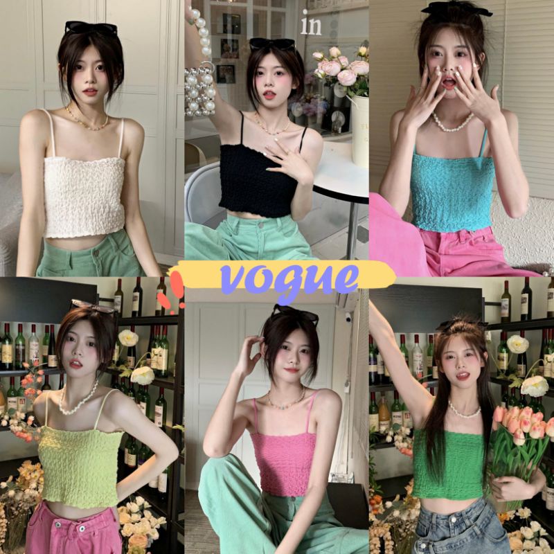Vogue🌟พร้อมส่ง🌟  เสื้อสายเดี่ยวไหมพรม ดีเทลสม๊อคทั้งตัวน่ารักสไตล์เกาหลี (32081) -N
