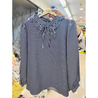L18 เสื้อทำงาน เสื้อเชิ้ตแขนยาวผู้หญิง ลายทางแขนยาว อก46นิ้ว ผูกโบว์ที่คอได้ ใส่ได้หลายโอกาส