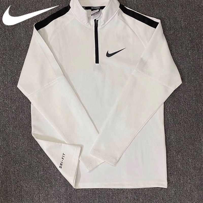 Nike ของแท้ 100% เสื้อกันหนาวแขนยาวลําลอง มีซิปครึ่ง ระบายอากาศ ดูดซับความชื้น สําหรับผู้ชาย และผู้ห