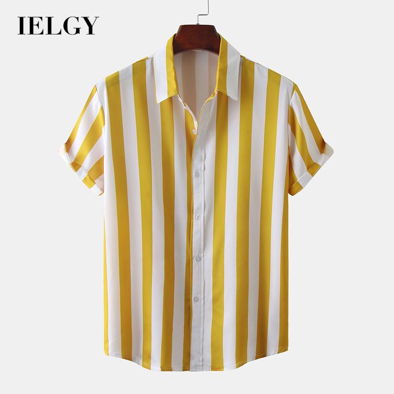 IELGY เสื้อเชิ้ตแขนสั้น ลายทาง สีเหลือง เรียบง่าย สําหรับผู้ชาย
