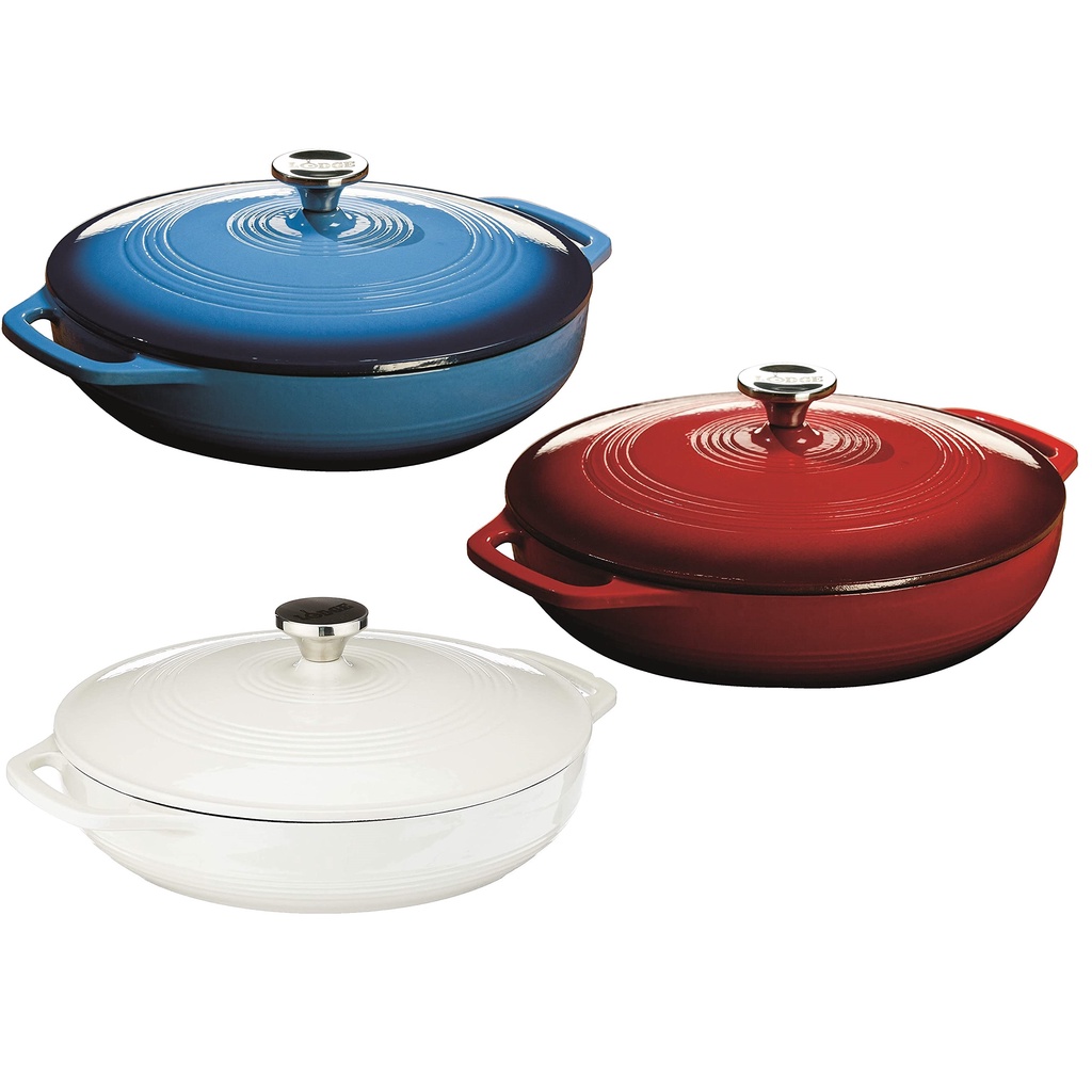 Lodge 3.6 Quart กระทะเหล็กหล่อพร้อมที่จับคู่ - Island Spice Red, Carribbean Blue, สีขาวหอยนางรม