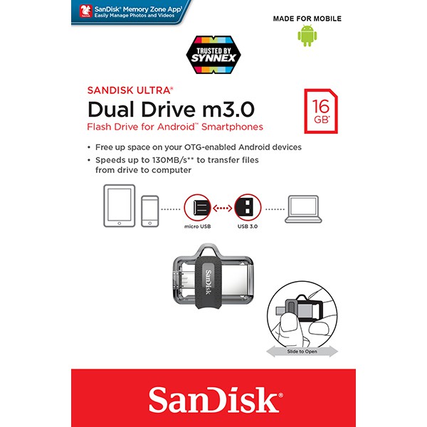 SanDisk Ultra Dual Drive m3.0 16GB (SDDD3_016G_G46) เมมโมรี่ แซนดิส แฟลชไดร์ฟ OTG สำหรับ สมาร์ทโฟน และ แท็บเล็ต Android