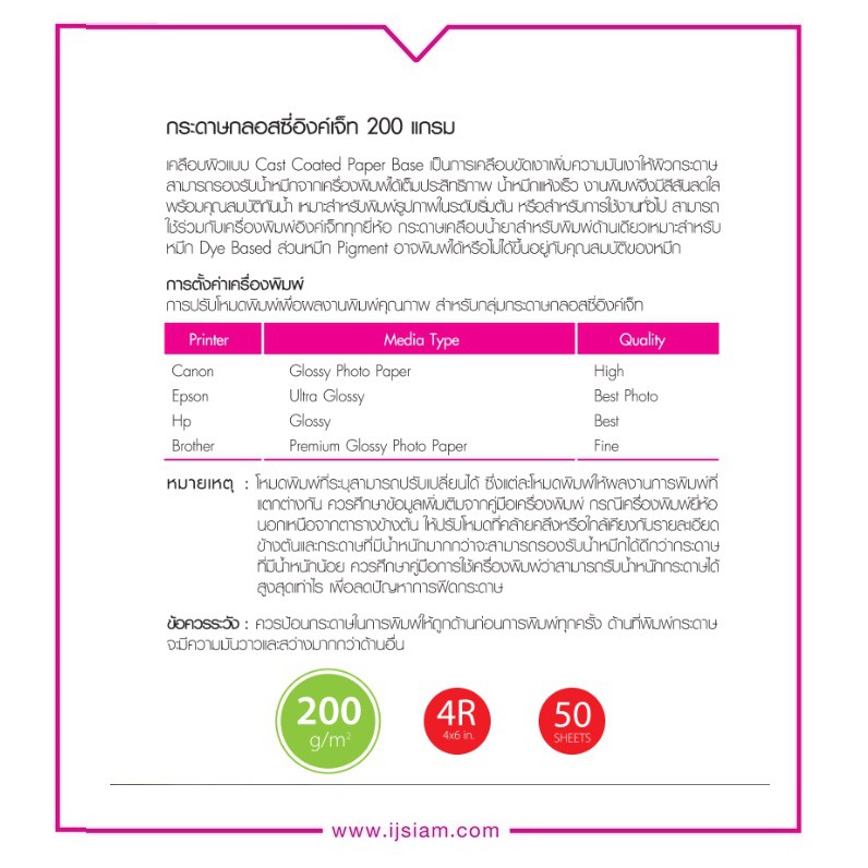 IJ SIAM Glossy Photo (Cast Coated) กระดาษโฟโต้กลอสซี่ 200gsm ไซส์ 4x6 นิ้ว 50 แผ่นl FG11-S113-0010 - รูปที่ 5