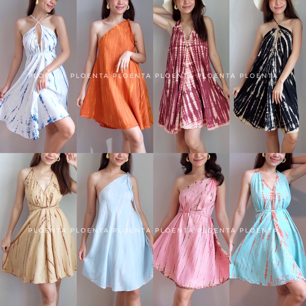 Mini beaches dress เดรสสั้นสไตล์ฮาวาย เนื้อผ้ามัดย้อม ดีเทลผูกคอโชว์หลัง
