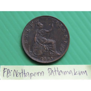 1893 Great Britain England​ อังกฤษ​ ½ เพนนี - วิคตอเรีย เนื้อบรอนซ์​ 25.56mm