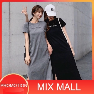 MixMall ชุดเดรสยาว เดรสคอกลม เดรสแขนสั้น เสื้อเชิ้ตยาว Long Dress Korean Style (FL0-05)