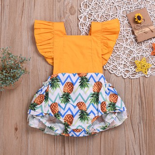 💟💟(พร้อมส่ง‼️)💟💟Romper เหลืองกระโปรงสับปะรดเด็กสาวสามเหลี่ยมชุด+โบว์ แรกเกิด-2ปี
