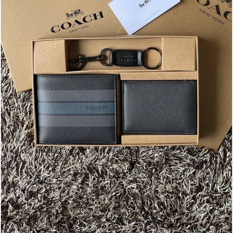 ส่งฟรี🌟 Set กระเป๋าสตางค์ Coach แท้💯 ผู้ชาย สีดำ น้ำเงิน พร้อมพวงกุญแจ ของขวัญ