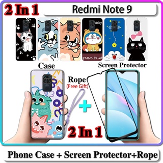 2 IN 1 เคส Redmi Note 9 พร้อมกระจกนิรภัยกันรอยหน้าจอโค้ง เซรามิค ลายแมวและโดราเอมอน