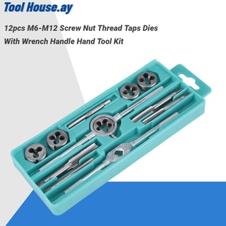 [เครื่องมือช่าง]12pcs M6-M12 Screw Nut Thread Taps Dies With Wrench Handle Hand Tool Kit