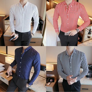 เสื้อเชิ้ต เกาหลี แขนยาวลายทาง M-5XL Mens Long Sleeve Striped Shirt