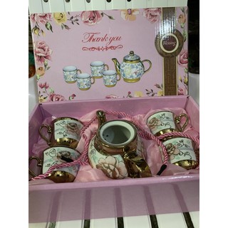 ชุดแก้วน้ำชา กล่องสีชมพู แก้ว4ใบ/คละสีคละลาง กาน้ำชา1ใบแก้วส…