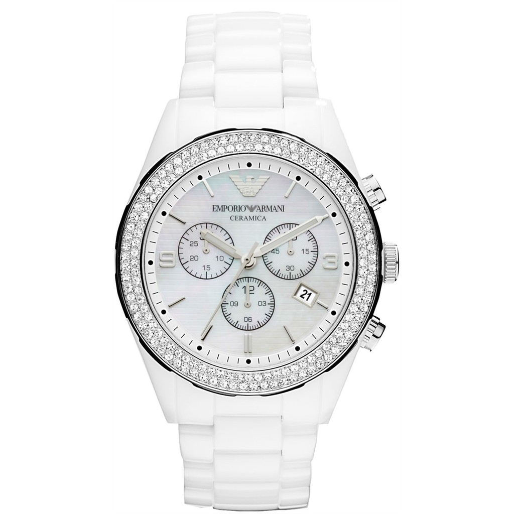 นาฬิกาผู้หญิง Emporio Armani AR1456 CERAMICA WHITE CRYSTALS SET CHRONOGRAGH