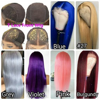 วิกผมแท้ ทอตัวที T Lace Wig สีแดง ชมพู ม่วง แดง เทา น้ำเงิน บลอนด์ทอง น้ำตาล ดำ ผมจริง100% ย้อมสีได้ แสกกลาง