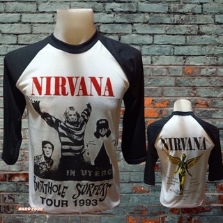 เสื้อวง NIRVANA วงร็อค ไม่มีตะเข็บข้าง คอฟิต ป้ายUS ผ้า50/50 เสื้อร็อค เสื้อทัวร์ แขนสามส่วน วงดนตรีร็อคต่างประเทศ