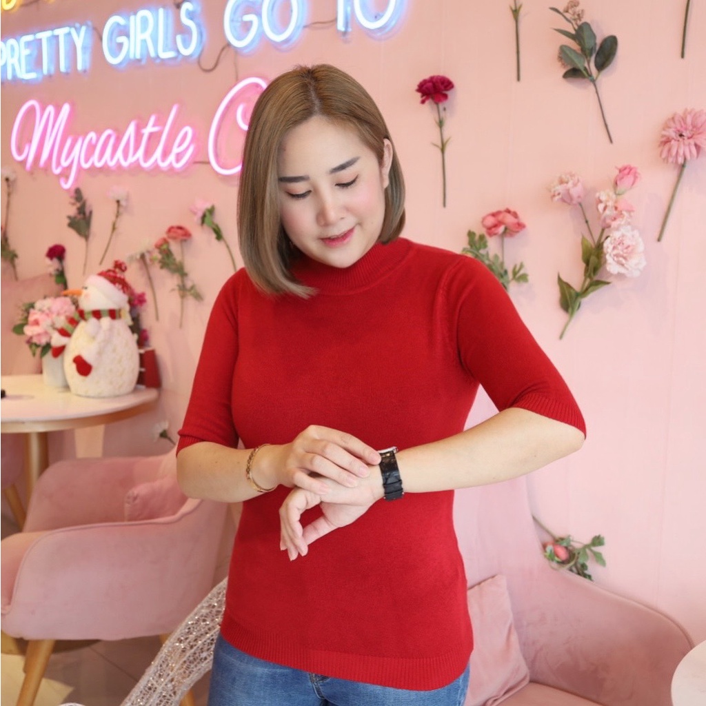 เสื้อแขนศอกคอเต่าผ้านิ่ม ฟรีไซส์ อก30-38 (สาวไซส์ใหญ่) (เสื้อผ้าเกาหลี)