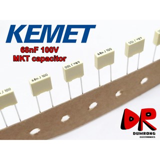 (10 ชิ้น) 0.068uF 68nF 683 100V MKT R82 ยี่ห้อ AV KEMET ตัวเก็บประจุ ฟิล์ม ชนิด โพลีเอสเตอร์ (Polyester) อิตาลี