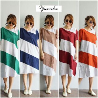 ชุดเดรสทูโทน ลายเฉียง สีสดใส เนื้อผ้าคอตตอลฝ้าย