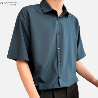 ☆Cpeic★เสื้อเชิ้ตแขนสั้น ผ้าเรยอน แบบบาง ป้องกันริ้วรอย ป้องกันน้ําร้อนลวก คุณภาพสูง สีเขียวเข้ม แฟชั่นฤดูร้อน สไตล์เกาหลี สําหรับผู้ชาย