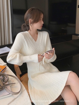 ♥S MissPrivate Customization♥【Existing】2021New French Chanel-Style TemperamentVCollar Long Sleeve Knitted Dress Inner We