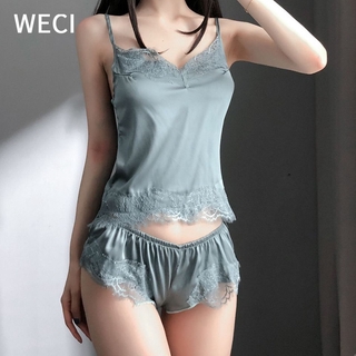 【พร้อมส่ง】WECI ชุดนอน เสื้อสายเดี่ยว ผ้าซาติน และกางเกงขาสั้น เซ็กซี่ สําหรับผู้หญิง 2021