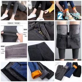 กางเกงยีนส์บุขน กางเกงยีนส์กันหนาว ใส่ติดลบ ลุยหิมะได้ "Korea design" Leggings women กางเกงขายาวบุขน ยีนส์บุขน