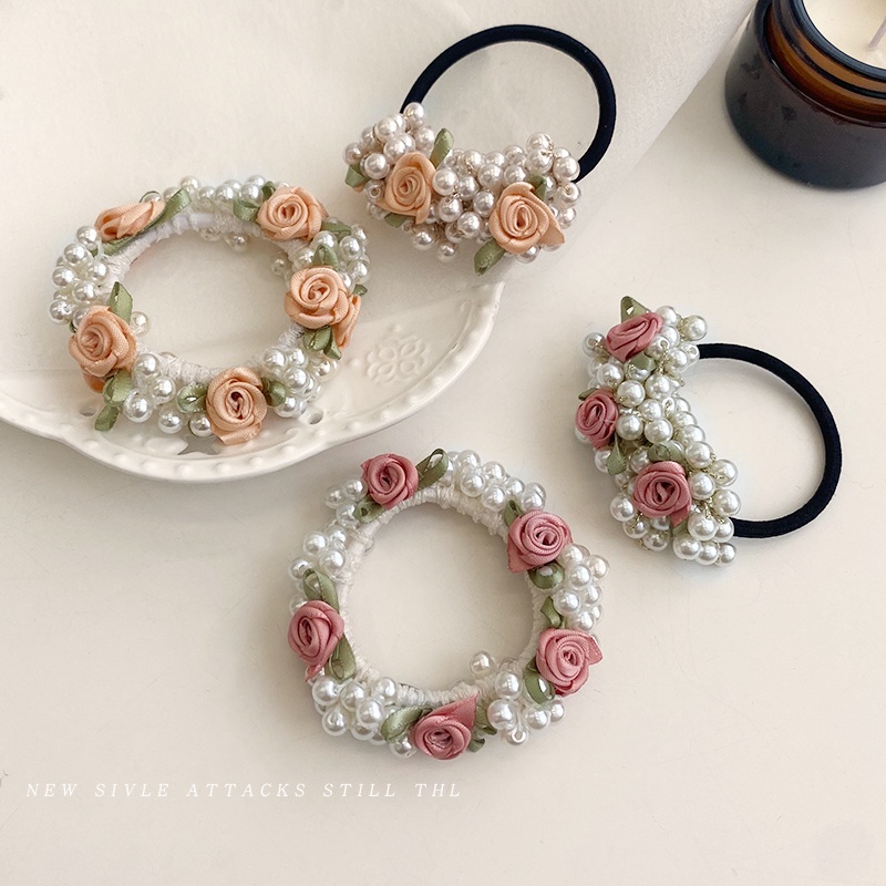 เพิร์ลดอกไม้เชือกผมเกาหลีลูกปัด Scrunchie หางม้าผูกผมมุกหวานยืดหยุ่นยางรัดผม