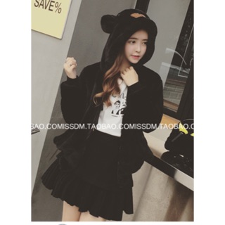 เสื้อคลุมแฟชั่นแขนยาวมีฮูดหมีผ้าขนสัตว์เทียม