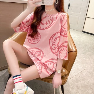 jjchillshop🌟ราคาถูกและดี🌟#ขายดี ส่วนยาวแขนสั้นเสื้อยืดหญิง2022ฤดูร้อนใหม่ INS น้ำการออกแบบเสื้อยืดหลวม