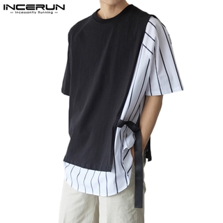 Incerun เสื้อลําลองแฟชั่นสําหรับผู้ชายแขนสั้นพิมพ์ลายทรงหลวม