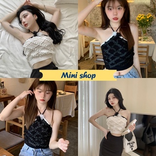 Mini shop🌸พร้อมส่ง🌸(94145) เสื้อสายเดี่ยวคล้องคอไหมพรม ดีเทลดอกไม้หน้าอกน่ารัก