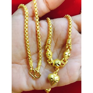 apata jewelry สร้อยระย้าชุบทองแท้24k ลายเต๋ากลม3โอ่งจี้หัวใจ