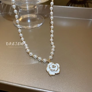 DREJEW สร้อยคอโซ่ทอง 18K จี้ไข่มุก ดอกไม้ ประดับเพชร สไตล์ฝรั่งเศส หรูหรา