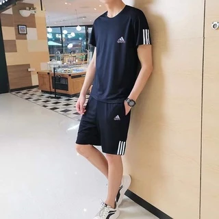 【เสื้อ+กางเกงขาสั้น】ชุดกีฬาผู้ชายสบาย ๆ กลางแจ้งแห้งเร็วระบายอากาศแขนสั้นเสื้อยืดคอกลมไซส์ใหญ่วิ่งออกกำลังกาย