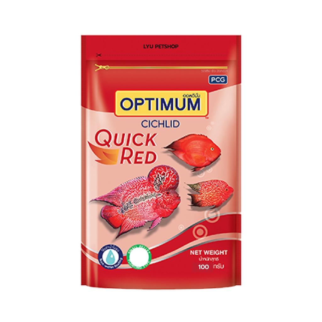 OPTIMUM CICHLID QUICK RED อาหารปลาหมอสี ปลานกแก้ว สูตรเร่งโต เร่งสี เร่งมุก เร่งโหนก ไม่ทำให้น้ำขุ่น ขนาดบรรจุ 100 กรัม