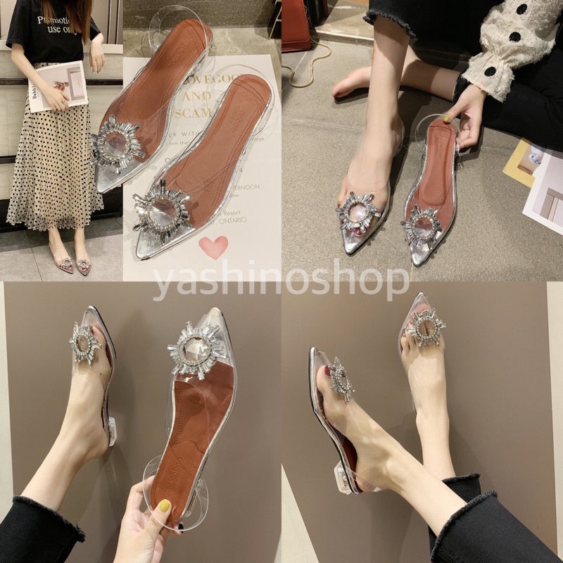 👠3035📦[ส่งของทุกวันจาก กทม.] รองเท้าส้นเตี้ยหนังแก้วประดับคริสตัล ความสูง 1 นิ้ว👠