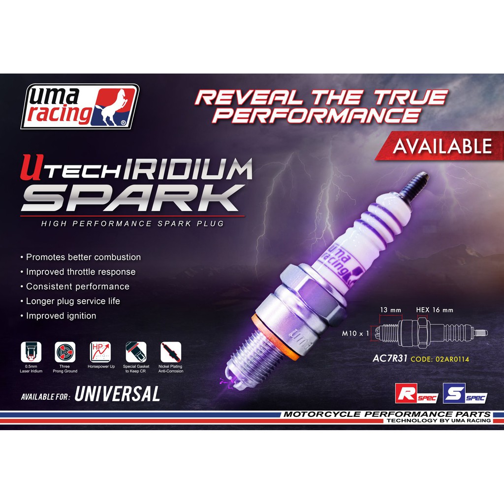 UMA RACING IRIDIUM SPARK PLUG & UTECH NICKEL SPARK PLUG (AB8R3I/AC7R3I/A7RTC/B8RTC/A6RTC)