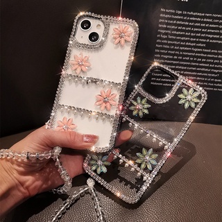 เคสโทรศัพท์มือถือ TPU นิ่ม แบบใส ปิดด้านหลัง ลายดอกไม้ ประดับเพชรคริสตัล วิบวับ หรูหรา พร้อมสายคล้อง สําหรับ iPhone 11 12 13 14 15 Pro Max X XR XS Max 7 8 Plus