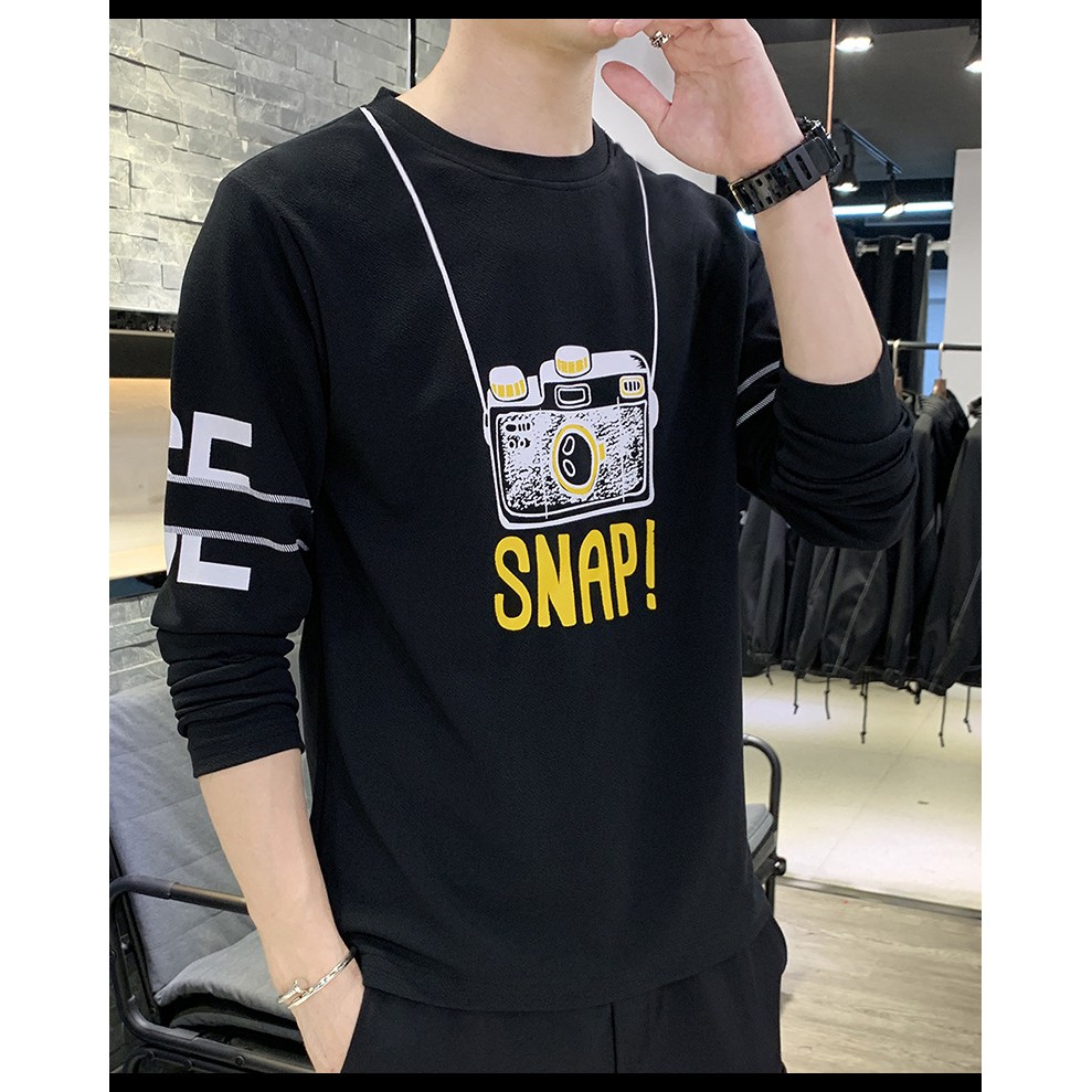 PX เสื้อยืดแขนยาว สไตล์ฮ่องกง เสื้อผู้ชาย คอกลม แขนยาว เสื้อกันหนาว ขาวดำ ผ้าดี