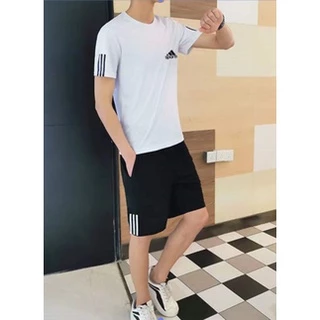 【เสื้อ+กางเกงขาสั้น】ชุดกีฬาผู้ชายสบาย ๆ กลางแจ้งแห้งเร็วระบายอากาศแขนสั้นเสื้อยืดคอกลมไซส์ใหญ่วิ่งออกกำลังกาย