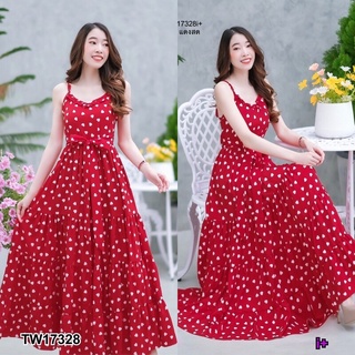 TW17328 Maxi Dress แม็กซี่เดรสสายเดี่ยว ผ้าไหมอิตาลี่ ลายหัวใจ เอวมีสายผูก เนื้อผ้าทิ้งตัวสวยๆ มีซับด้านใน พร้อมส่ง