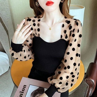 เสื้อเชิ้ตผู้หญิง~ 2021 New French Style Polka Dot Mesh Bubble Sleeve เย็บผ้าไหม ICE TOP Womens Early and Autumn เสื้อผ