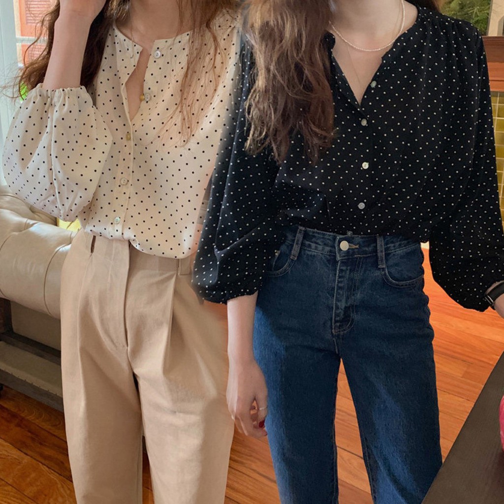 Korean🧧 เสื้อแขนยาวผ้าชีฟอง ลายจุด