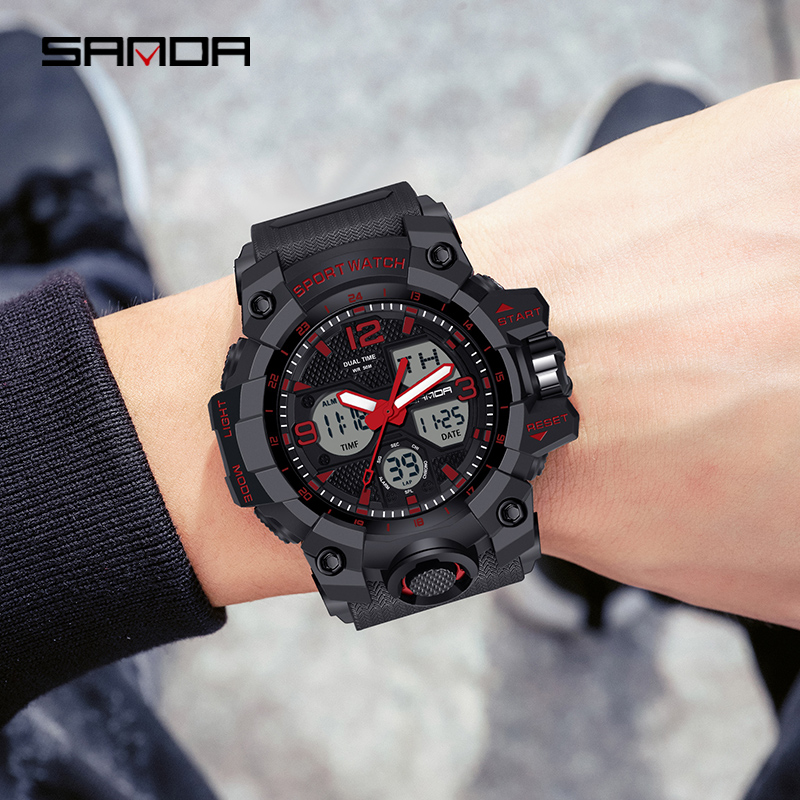 นาฬิกาข้อมือผู้ชายกันน้ำ SANDA นาฬิกาสปอร์ตแฟชั่นส่องสว่างสุดหรู LED Outdoor Analog Military Multi-function Men Watch