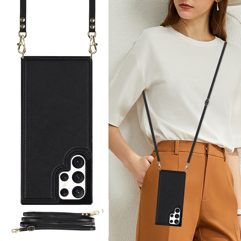 เคสโทรศัพท์ เคส Samsung เปลือกหนัง พร้อมช่องใส่บัตร และสายคล้อง สําหรับ Samsung Galaxy S25 Ultra S23 Ultra S23 Plus S22 Ultra S21 FE S21 Ultra S21+ S24U S20 FE S24 Plus S24 Ultra Note20 Ultra Case