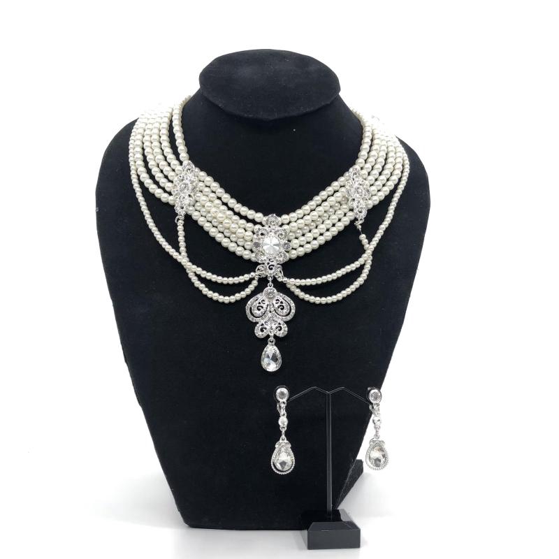 Vintage jewelry สร้อยคอไข่มุกฝ่ายเจ้าสาวย้อนยุคมุกเทียมเพชรต่างหูสร้อยคอชุดPearl necklace set - รูปที่ 4