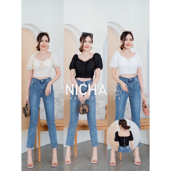 NICHA online🛒🌈เสื้อครอป แขนตุ๊กตา ผ้าลูกไม้ เสริมฟองน้ำ แต่งโบว์อก มีซิปด้านหลัง สามารถปรับได้ น่ารักๆๆ 🌸🥰