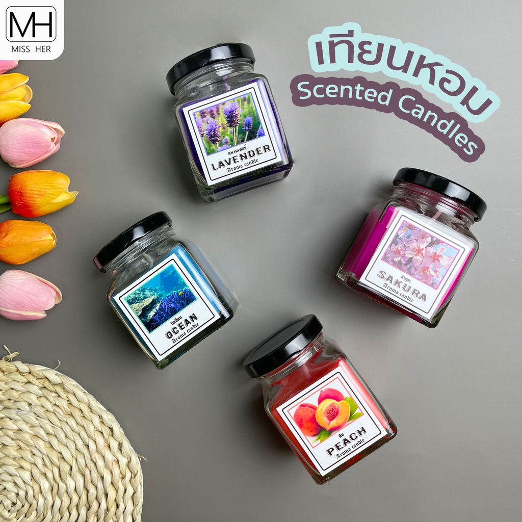 เทียนหอม ขวดแก้ว เทียน กลิ่นอโรม่า กลิ่นธรรมชาติ เทียนทอมอโรม่า ขนาด 180g.