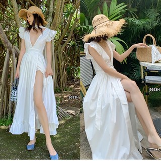 SS9693 Maxi Dress เดรส คอวี ผ่าหน้าลึก แต่งระบาย