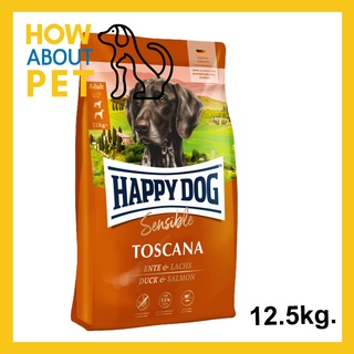 อาหารสุนัข Happy Dog Sensible Toscana อาหารสุนัขโต ทำหมัน และควบคุมน้ำหนัก สูตรเนื้อเป็ดและปลาแซลมอน 12.5กก. (1ถุง)